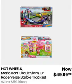 Myer Hot wheels Mario Kart Circuit Slam Or Racerverse Barbie Trackset offer