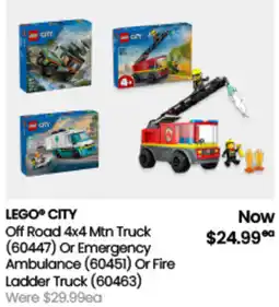 Myer LEGO CITY Off Road 4x4 Mtn Truck Or Emergency Ambulance Or Fire Ladder Truck offer