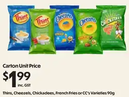 Campbells Wholesale Thins, Cheezels, Chickadees, French Fries or CC's Varieties offer