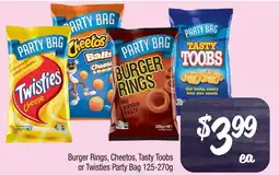 Farmer Jack's Burger rings, cheetos, tasty toobs or twisties party bag offer