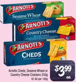 Farmer Jack's Arnotts cheds, sesame wheat or country cheese crackers offer