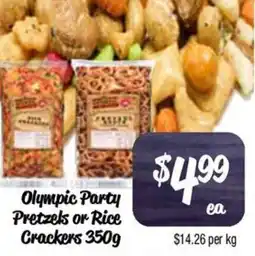 Farmer Jack's Olympic party pretzels or rice crackers offer