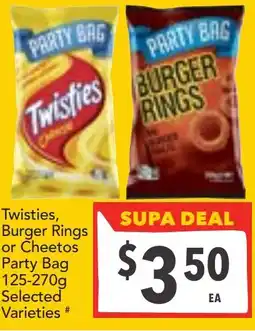 Supa Valu Twisties, Burger Rings or Cheetos Party Bag Selected Varieties offer
