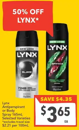 Supa Valu Lynx Antiperspirant or Body Spray Selected Varieties offer