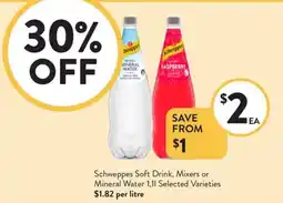 Foodworks Schweppes soft drink, mixers or mineral water offer