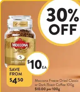 Foodworks Moccona freeze dried classic or dark roast coffee offer