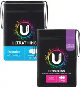 Coles U By Kotex Ultra Thin Pads with Wings Regular 14 Pack or Super 12 Pack offer