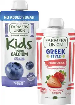 Coles Farmers Union Greek Style or No Added Sugar Kids Yogurt Pouch 130g offer