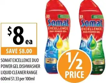 Supabarn Somat Excellence Duo Power Gel Dishwasher Liquid Cleaner Range 600ml offer