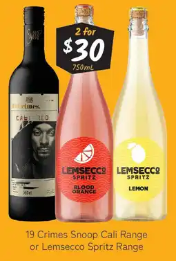 Cellarbrations 19 Crimes Snoop Cali Range or Lemsecco Spritz Range offer