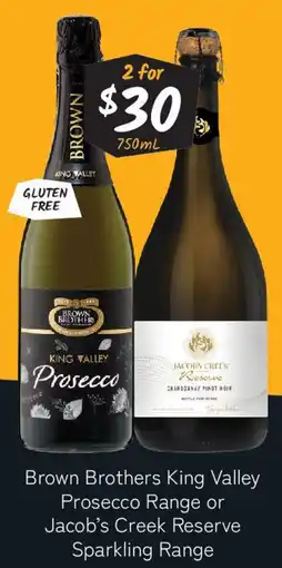 Cellarbrations Brown Brothers King Valley Prosecco Range or Jacob's Creek Reserve Sparkling Range offer