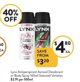 Foodworks Lynx Antiperspirant Aerosol Deodorant or Body Spray offer