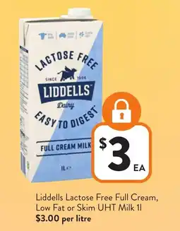 Foodworks Liddells Lactose Free Full Cream, Low Fat or Skim UHT Milk offer