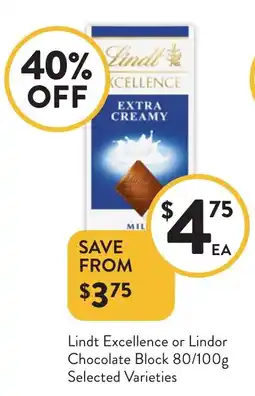 Foodworks Lindt Excellence or Lindor Chocolate Block offer