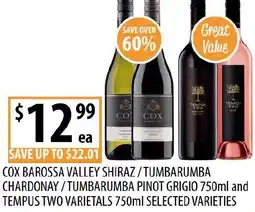 Supabarn Cox barossa valley shiraz/tumbarumba chardonay/tumbarumba pinot grigio and tempus two varietals offer