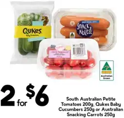 Drakes South Australian Petite Tomatoes, Qukes Baby Cucumbers or Australian Snacking Carrots offer