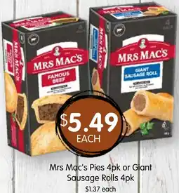 Spudshed Mrs Mac's Pies 4or Giant Sausage Rolls offer