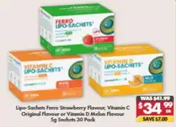 Pharmacy4Less Lipo-Sachets Ferro Strawberry Flavour, Vitamin C Original Flavour or Vitamin D Melon Flavour offer