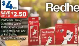 Foodland Redheads Heavy Duty BBQ Wipes, Wrapped Firelighters or Foil Sealed Firelighters offer