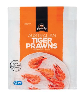 Crystal bay frozen australian tiger prawns 550g