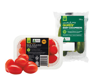 Australian sweet solanato tomatoes 200g punnet or qukes baby cucumbers 250g pack