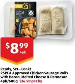 ALDI Ready, Set...Cook! Chicken Sausage Rolls with Bacon, Melted Cheese & Parmesan offer