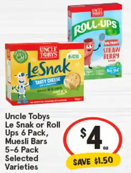 IGA Uncle tobys le snak or roll ups, muesli bars selected varieties offer