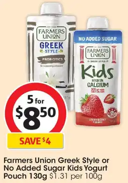 Coles Farmers Union Greek Style or No Added Sugar Kids Yogurt Pouch offer