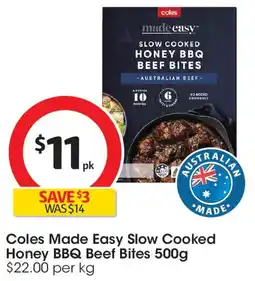 Coles Coles Made Easy Slow Cooked Honey BBQ Beef Bites offer