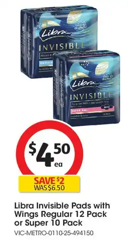 Coles Libra Invisible Pads with Wings Regular offer