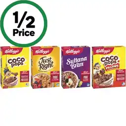 Woolworths Kellogg’s Coco Pops or Coco Pop Pillows 310-375g, Sultana Bran or Just Right 420-460g offer