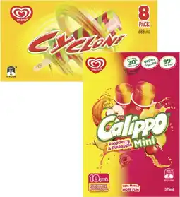 Coles Streets Mini Calippo 10 Pack 575mL or Cyclone Sticks 8 Pack 688mL offer