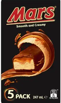 Coles Mars Smooth & Creamy Frozen Dessert Bars 5 Pack 247mL offer