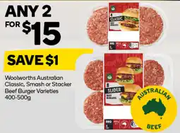 Woolworths Woolworths australian classic, smash or stacker beef burger varieties offer