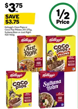 Woolworths Kellogg's coco pops or coco pop pillows , sultana bran or just right offer