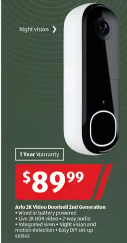ALDI Arlo 2K Video Doorbell 2nd Generation offer
