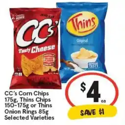 IGA CC's Corn Chips, Thins Chips or Thins Onion Rings offer