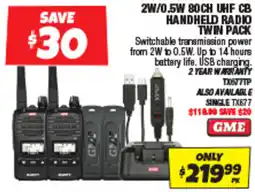 Autobarn 2w/0.5w 80ch uhf cb handheld radio twin pack offer