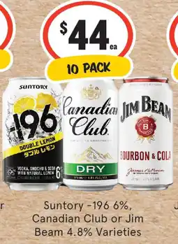 IGA Liquor Suntory -196 6%, Canadian Club or Jim Beam 4.8% Varieties offer