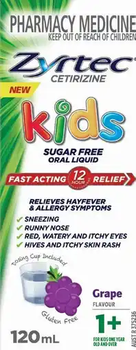 Soul Pattinson Chemist Zyrtec Cetirizine Kids Oral Liquid Grape Flavour 1+ Years 120mL offer