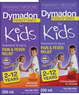 Pharmacist Advice Dymadon Paracetamol for Kids 2 - 12 Years Orange or Strawberry Flavour 200mL offer