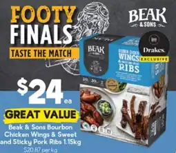 Drakes Beak & Sons Bourbon Chicken Wings & Sweet and Sticky Pork Ribs offer