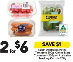 Drakes South Australian Petite Tomatoes, Qukes Baby Cucumbers or Australian Snacking Carrots offer