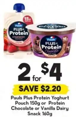 Drakes Pauls Plus Protein Yoghurt Pouch or Protein Chocolate or Vanilla Dairy Snack offer