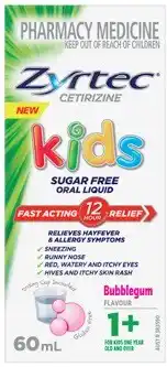 Amcal Pharmacies Zyrtec Kids Allergy & Hayfever Relief Bubblegum Flavour Oral Liquid 60mL offer