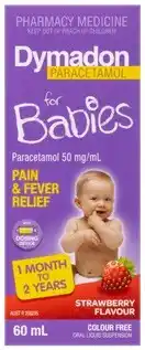 Amcal Pharmacies Dymadon Paracetamol For Babies 1 Month-2 Years Colour Free Strawberry Flavour 60mL offer