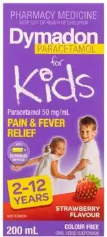 Amcal Pharmacies Dymadon Paracetamol For Kids 2-12 Years Colour Free Strawberry Flavour 200mL offer