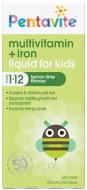 Amcal Pharmacies Pentavite Multivitamin + Iron Liquid for Kids Lemon Lime Flavour 200mL offer