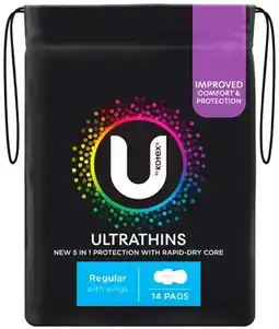 Amcal Pharmacies U By Kotex Ultrathins Regular Pads With Wings 14 Pack offer