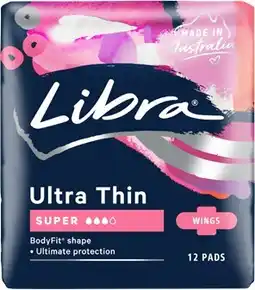 Amcal Pharmacies Libra Ultra Thin Super Pads With Wings 12 Pack offer